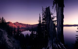 Картинка деревья, горы, озеро, закат