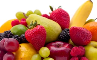 Картинка ягоды, фрукты, груша, яблоко, банан, малина, виноград, клубника