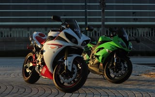 Картинка ямаха, zx-6r, white, green, вечер, кавасаки, ninja, yamaha, yzf-r1, мотоциклы, kawasaki