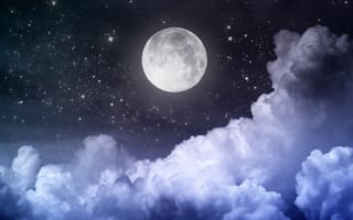 Картинка Луна, sky, красивая сцена, beautiful scene, moon, звезды, небо, полная луна, full moon, полночь, midnight, night, ночь, пейзаж, лунный свет, moonlight, clouds, landscape, stars, облака