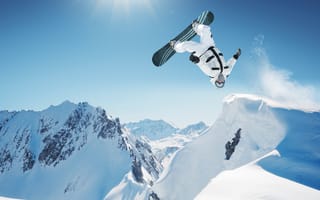 Картинка Сноуборд, прыжок, снег, облака, солнце, природа, сноубординг, спорт, очки, небо, доска, snowboarding, зима, горы, сальто
