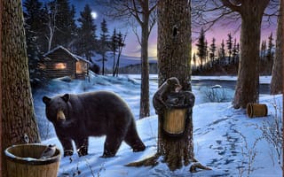 Картинка Картина, Ervin Molnar, лес, медведь, луна, медвежата, природа, избушка, дом, река, зима, Midnight snack