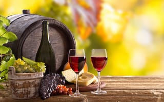 Картинка сыр, листья, бочка, вино, виноград