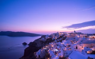 Картинка Санторини, дома, Греция, закат, море, остров Тира, огни, вечер