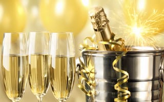 Картинка Happy, New Year, celebration, бутылка, Новый Год, ведерко, champagne, holiday, шампанское, бенгальские огни, бокалы, серпантин, golden