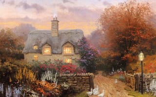 Картинка Thomas kinkade, живопись, кинкейд, закат, домик, коттедж, цветы, гуси, картина