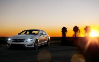 Картинка Mercedes-Benz, white, AMG, закат, C218, блик, белый, CLS-Klasse, небо, солнце, CLS 63, мерседес бенц