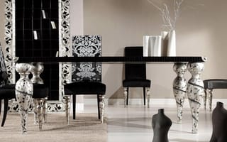 Картинка интерьер, комната, стол, стулья, черно-белый, дизайн, стиль, чб, белый, кухня, черный, серебряный