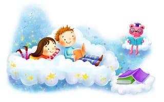 Картинка рисунок, облако, мальчик, фантазия, девочка, книжки, звёзды, улыбки