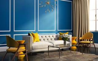 Картинка комната, интерьер, диван, сочные цвета, окно, подушки, стулья