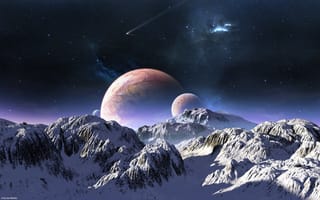 Картинка terraspace, небо, комета, снег, звезды, горы, планеты