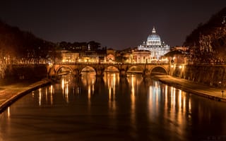 Картинка мост, огни, Рим, Италия, река, собор Святого Петра, ночь, Тибр