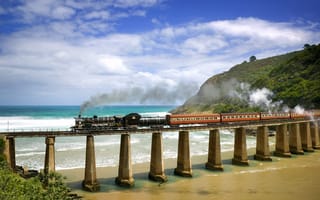 Картинка паровоз, мост, море, железная дорога