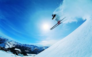 Картинка склон, лыжник, спуск, горы, скорость, солнце, экстрим, снег