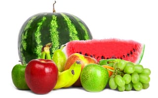 Картинка фрукты, fruits, арбуз, pear, grapes, watermelon, белый фон, ягоды, berries, бананы, apples, яблоки, bananas, виноград, груша