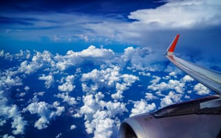 Картинка крыло, самолёт, под крылом самолёта, облака, небо