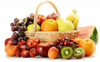 Картинка корзинка, фрукты, груши, ягоды, бананы, арбуз, клубника, абрикосы, виноград, черешня, апельсины, киви, яблоки