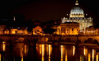 Картинка Ватикан, огни, Италия, Рим, Тибр, река, мост, ночь, собор Святого Петра