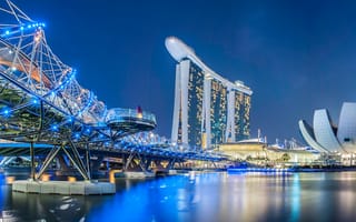 Картинка мост, дизайн, огни, Helix Bridge, неон, набережная, ночь, Marina Bay Sands, река, Сингапур, здания, сооружения