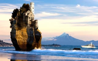 Картинка Замок, дельфины, mount Taranaki, утес, море, яхта, вулкан, сюрреализм, New Zealand, пейзаж, крутой обрыв, креатив, скала, гора