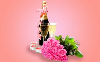 Картинка flowers, glass, roses, champagne, romantic, Valentine's Day, шампанское, розы, бокалы