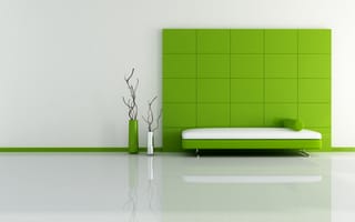 Картинка вазы, кровать, квадраты, минимализм, зеленый