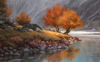 Картинка арт, берег, человек, сидя, осень, один, озеро, деревья, одиночество, камни, горы, река