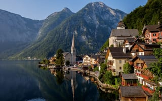 Картинка Альпы, дома, Hallstatt, Alps, Austria, Австрия, горы, Гальштат, Lake Hallstatt, озеро, Гальштатское озеро