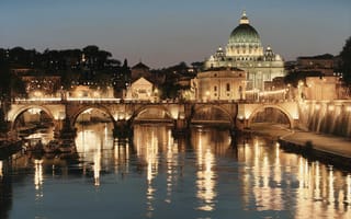 Картинка Rod Chase, город, огни, искусство, Рим, Glory of San Pietro, Базилика, Собор Святого Петра, мост, Тибр, Италия, река