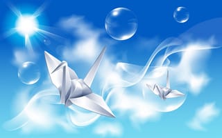 Картинка оригами, пузыри, лучи, креатив, птицы, отражение, небо
