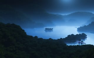 Картинка арт, туман, лес, море, холмы, ночь, лунный свет, острова, озеро