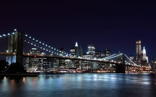 Картинка огни, new york, ночь, brooklyn bridge, нью-йорк, город, бруклинский мост