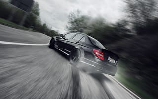 Картинка Mercedes-Benz, Tuning, Motion, Drift, Smoke, Road, AMG, Black, C63