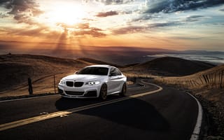 Картинка Car, Sunrise, Mountains, BMW, M235i, Road, Avant, Front, San Jose, Sunset, Wheels, Garde