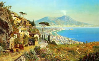 Картинка Alois Arnegger, вулкан, Италия, Неаполь, Везувий, живопись, Тирренское море, море, горы, залив, The Bay Of Naples, пейзаж