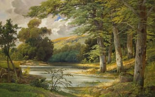 Картинка Alois Arnegger, пейзаж, лодка, живопись, лес, озеро, Romantic Forest Landscape