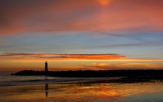 Картинка маяк, закат, отражение