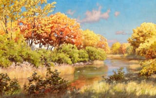 Картинка картина, деревья, небо, берега, осень, Johan Krouthen, облака, река, пейзаж, деревня, вода, утки