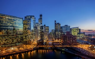 Картинка Chicago, город, Чикаго, вечер, здания, USA, небоскребы, Иллинойс, мост, Illinois