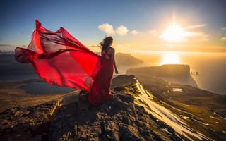 Картинка Фарерские острова, побережье, закат, Атлантический океан, девушка, Faroe Islands, Atlantic Ocean, красное платье, настроение, океан, Дания, Denmark, платье