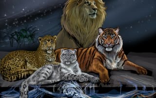 Картинка арт, царь зверей, снежный барс, грива, вода, животные, небо, тигр, хищники, лев, луна, взгляд, живопись, леопард, волны