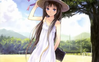 Картинка девочка, Блокнот бога, шляпка, kamisama no memo-chou, белое платье, God's Notebook, клавиатура