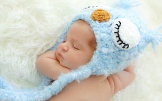 Картинка ребенок, сова, малыш, младенец, голубая, шапочка, спит