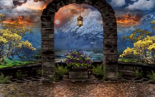 Картинка 3d, арка, небо, цветы, арт, деревья, облака, горы, art, фонарь