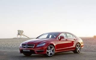 Картинка CLS63, Mercedes-Benz, AMG, небо, пляж, красный, седан, цлс63, передок, амг, мерседес