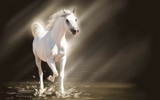 Картинка арт, брызги, свет, лошадь, белая, конь, вода, солнечные лучи