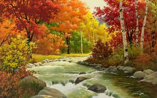 Картинка краски, деревья, Arthur Saron Sarnoff, природа, лес, листья, осень