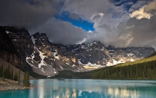 Картинка канада, облака, горы, небо, река, лес, голубая вода