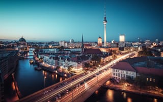 Картинка lights, traffic, dusk, Germany, bridge, Berlin, night, urban scene, river, blue hour, cityscape, twilight, Fernsehturm