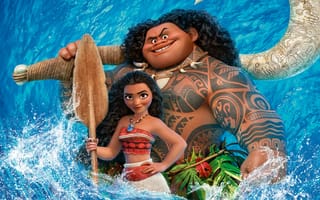 Картинка абориген, Мауи, синева, Maui, мультфильм, Моана, весло, Walt Disney Pictures, постер, Moana, вода, девочка